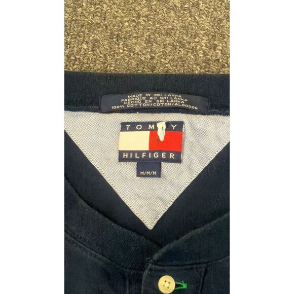 Vintage Tommy Hilfiger Henley Shirt Mens M Navy Blue Crest Logo 90s Cotton - Picture 4 of 4
